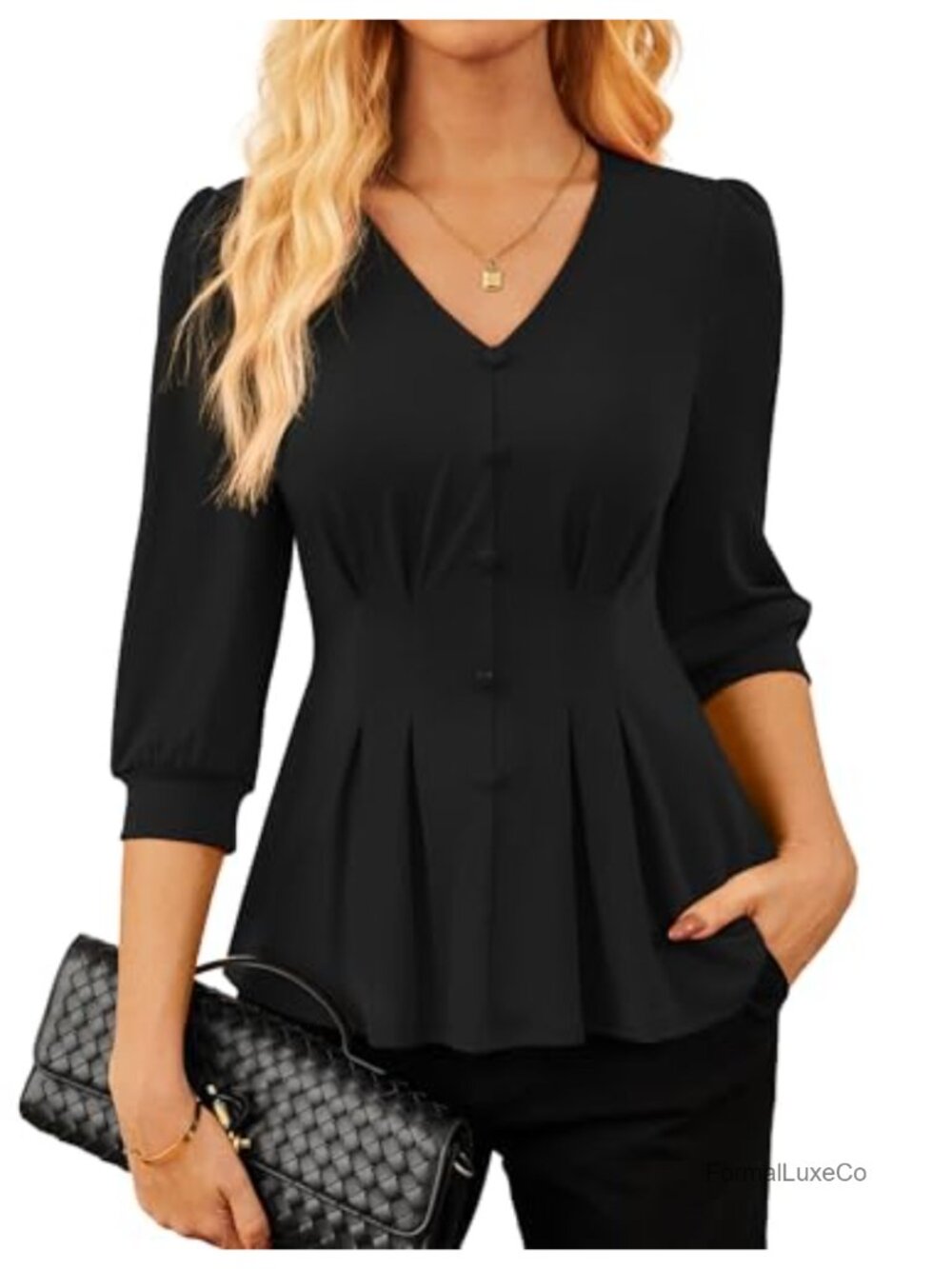 Women Peplum Blouse V-Neck 3/4 Sleeve Business Dressy Top